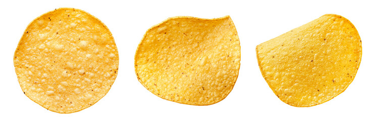 Crispy Yellow Tortilla Chips in Various Angles Isolated on transparent background
