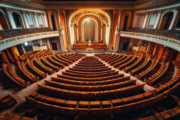 Interior views of parliamentary halls and state houses, symbolizing political decision-making spaces. AI generated image