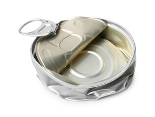 One crumpled tin can isolated on white