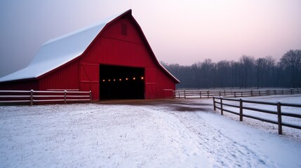 Snowy red barn winter sunrise landscape, farm