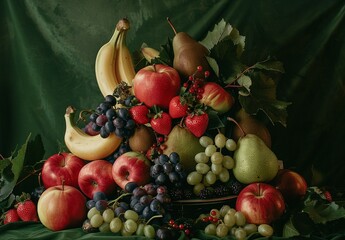 A vibrant still life featuring an assortment of ripe fruits, including apples, pears, bananas, grapes, and strawberries, artfully arranged against a deep green backdrop. The rich colors and textures