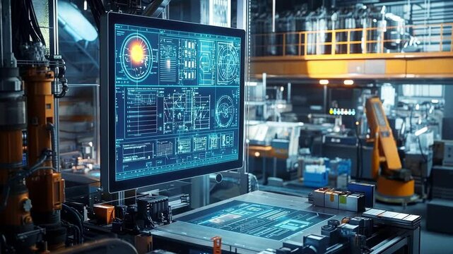 Futuristic industrial factory automation software showing manufacturing process data on computer screen with augmented reality and robotic arm in background working