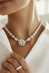 Elegant woman showcasing diamond necklace matching sparkling engagement ring. Close-up of elegance, sparkling jewelry including necklace and a diamond ring. Luxury jewelry