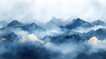 Abstract Watercolor Misty Mountains with Gold Accents
