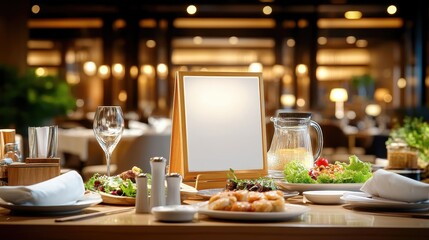 Fototapeta premium Cozy and Elegant Setting of a Traditional Chinese Vegetarian Restaurant with Plates of Colorful Healthy Dishes and a Blank Menu Sign Awaiting Guests
