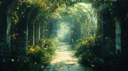 Obraz premium Path leads through a verdant overgrown garden archway