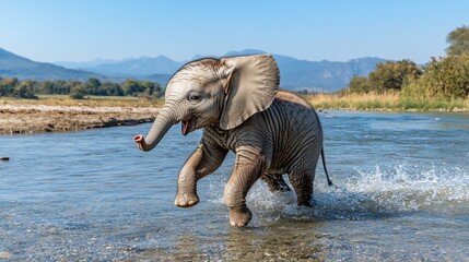 Fototapeta premium Playful baby elephant in a river, mountains in background. Possible use for children's books or educational materials