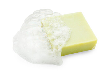 Light green soap with foam on white background