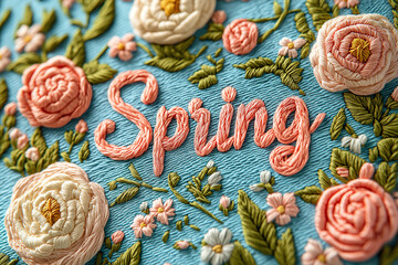 Colorful embroidery design featuring spring flowers and text on blue fabric. Embroidery art depicting the word "Spring" surrounded by vibrant flowers and leaves. Hello spring theme
