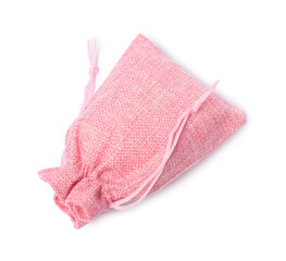 One pink burlap sack isolated on white, top view