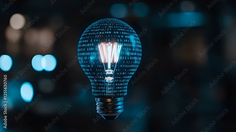Poster digital light bulb with glowing filament surrounded by binary code matrix on dark background with bo