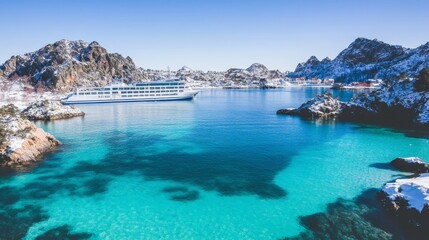 Cruise Ship Sailing Calm Waters Surrounded By Snow Capped Mountains On A Bright Sunny Day.