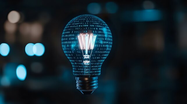 Digital light bulb with glowing filament surrounded by binary code matrix on dark background with bokeh lights, symbolizing digital innovation and AI technology.