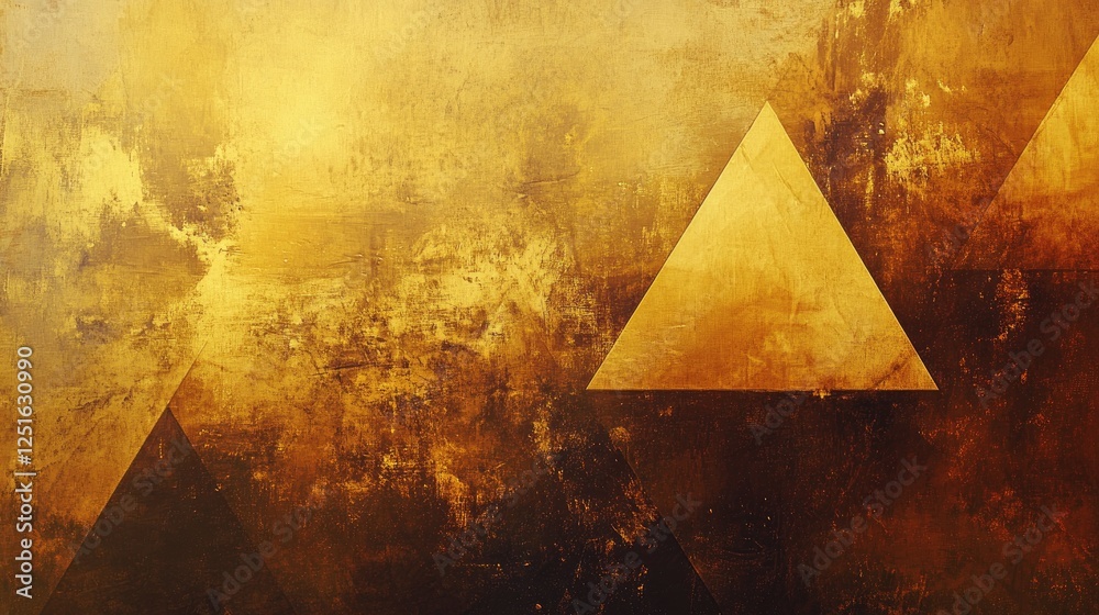 Poster Soft golden glow on a textured abstract background with triangular patterns, sharp angles, and layered shadows.