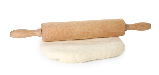 Fresh dough and rolling pin isolated on white