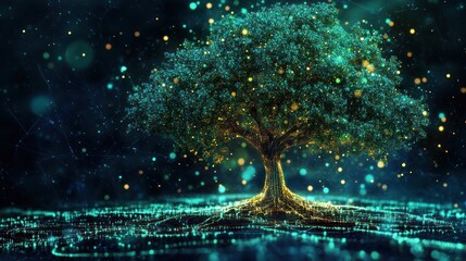 Glowing digital tree, network background, abstract art, tech concept
