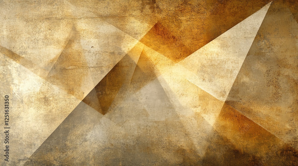 Poster Soft golden glow on a textured abstract background with triangular patterns, sharp angles, and layered shadows.