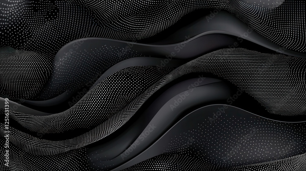 Poster grayscale digital abstract design with dots and waves in monochromatic style suitable for background