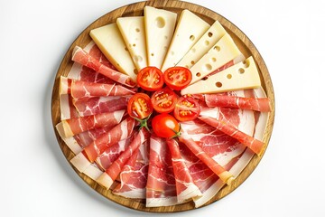 Obraz premium A visually appealing charcuterie board featuring cheese cured ham and fresh tomatoes
