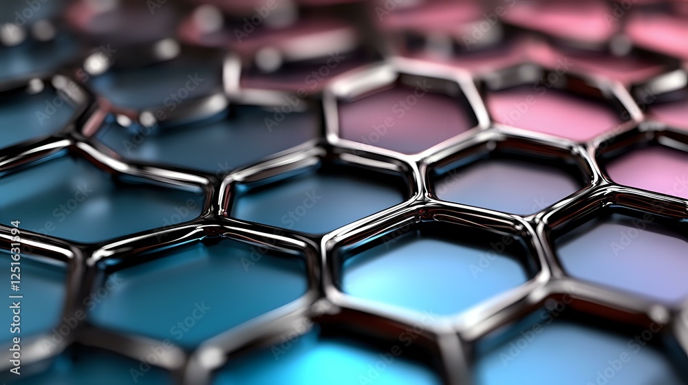 Poster metallic hexagonal grid pattern with pink and blue gradient background creating futuristic technolog