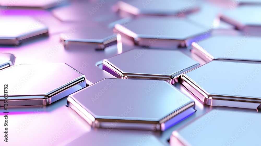 Poster metallic hexagonal pattern with connected chrome elements on pink and blue gradient background creat