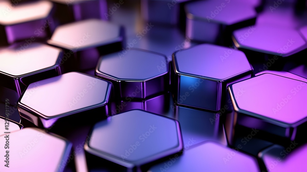 Poster metallic hexagonal shapes with purple and blue gradient lighting create dynamic technological patter