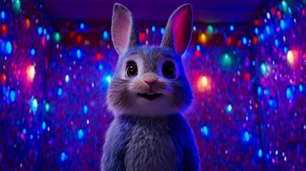 Cute Bunny Portrait with Vibrant Colorful Lights Background Festive Animal Scene.