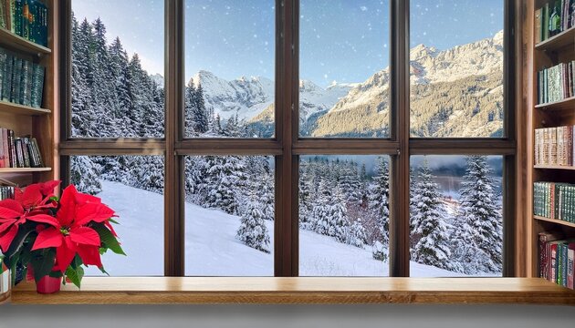 christmas bookshelf background of interior home library study virtual room window view snow mountains hills fall winter poinsettia holiday flowers online webinar presentation teams meeting backdrop
