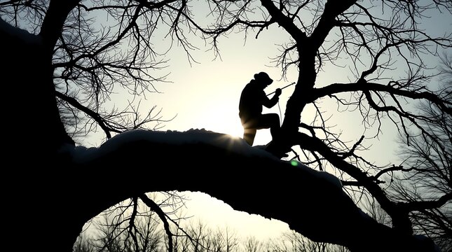 Silhouetted person perched on a snow-covered tree branch. - Powered by Adobe