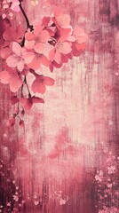 Pink cherry blossom branch on textured pink and white background