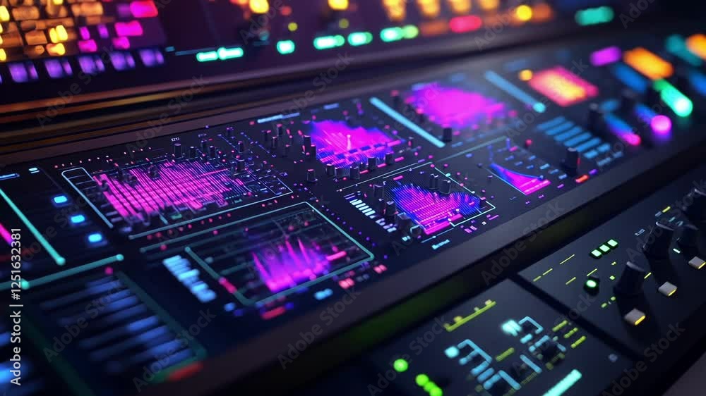 Poster glowing control panel featuring vibrant charts and graphs, visualizing intricate data within a cutti