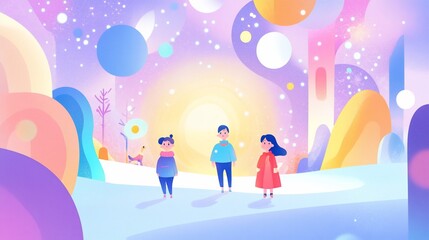 Three children stand in a whimsical, colorful landscape with a glowing sun and abstract shapes.