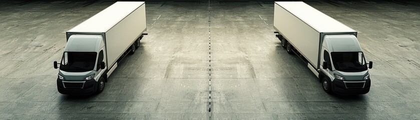 Two white trucks in a warehouse.  Possible use for transportation, business, or industrial images