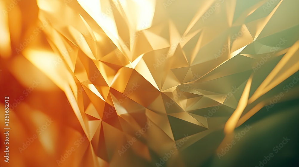 Poster warm-toned abstract background featuring triangles and polygon folds in golden light. 3d effect with