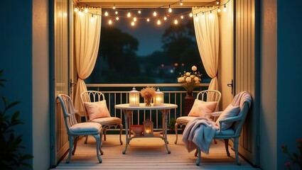 A cozy shabby chic elegant porch with vintage-style furniture, including a loveseat and armchair with floral cushions and pink pillows. adorned with hanging plants, string lights, and a chandelier.