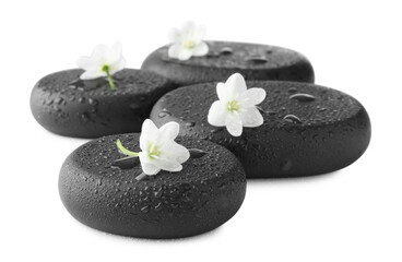 Wet spa stones and beautiful flowers isolated on white