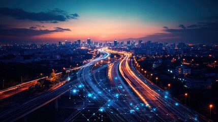 Fototapeta premium Cityscape highway network, digital connection, sunset, future technology