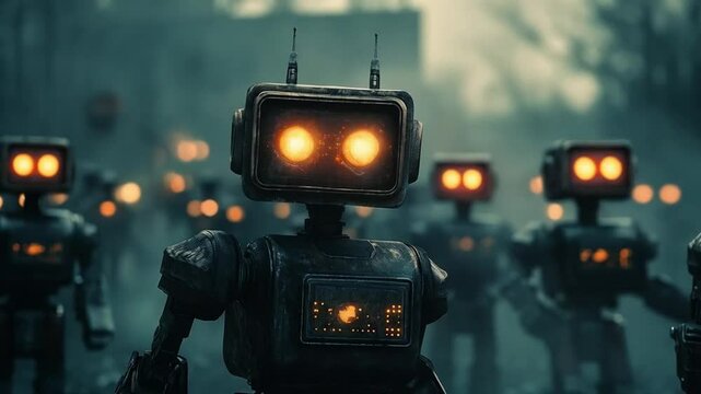 Robot Uprising scene in dystopian future, smooth repeating motion for background video animation