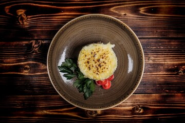 Gourmet Mashed Potatoes, Top View - Puree with cheese garnish for restaurant menu