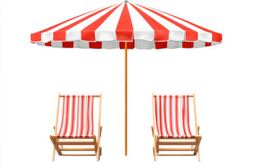 Beach umbrella with red and white stripes next to two deck chairs, isolated on a white background, in a flat lay composition.	
