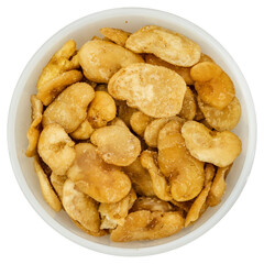 Golden roasted broad beans in a white bowl, perfect for healthy snacks and food-related designs.