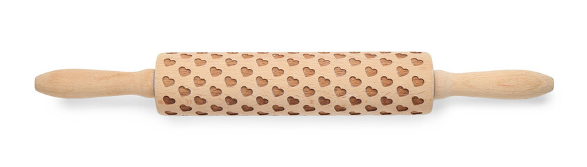 Wooden rolling pin isolated on white, top view