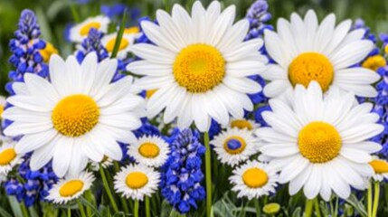 Obraz premium Daisies and Blue Grape Hyacinths in Garden Bloom.