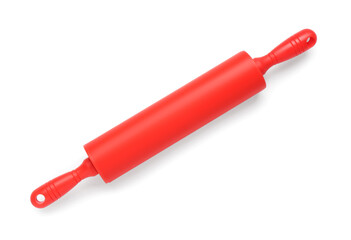 Red rolling pin isolated on white, top view