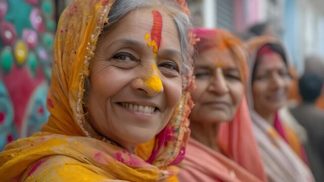 Hindu women celebrating Diwali festival with traditional tilak and sari. Authentic cultural moment for Holi, Navratri, Durga Puja, Karwa Chauth celebrations. Religious traditions