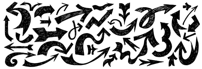 Set of crayon drawn folded, curved arrows. Bold vector elements with pencil texture, scribble icons. Collection of thick kid grunge geometric abstract arrows. Grunge doodle black different directions.