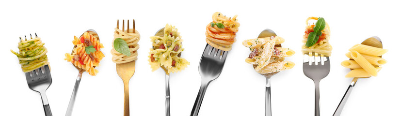 Forks with different types of tasty pasta isolated on white, set