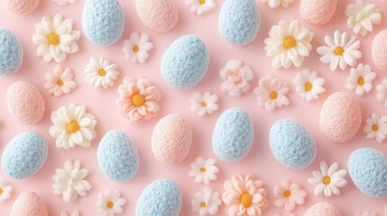 Vibrant pastel Easter eggs and flowers creating a seamless festive pattern for spring celebrations