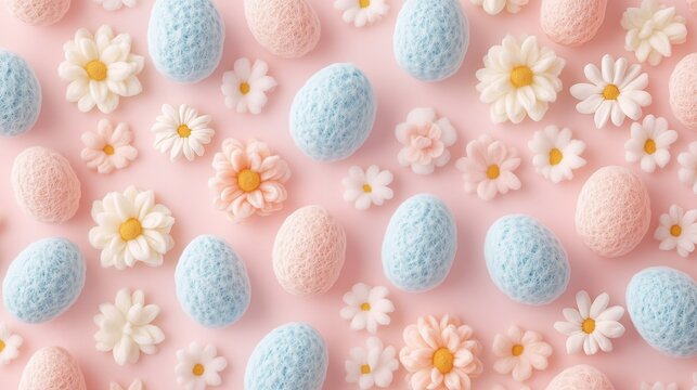 Vibrant pastel Easter eggs and flowers creating a seamless festive pattern for spring celebrations