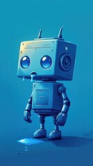 Fototapeta premium Cute blue robot stands with liquid dripping down